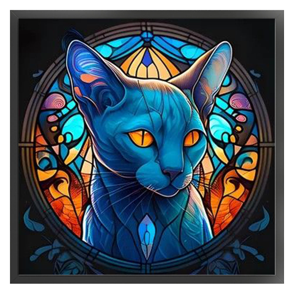 Glass Painting-Blue Cat - 11CT Stamped Cross Stitch 40*40CM