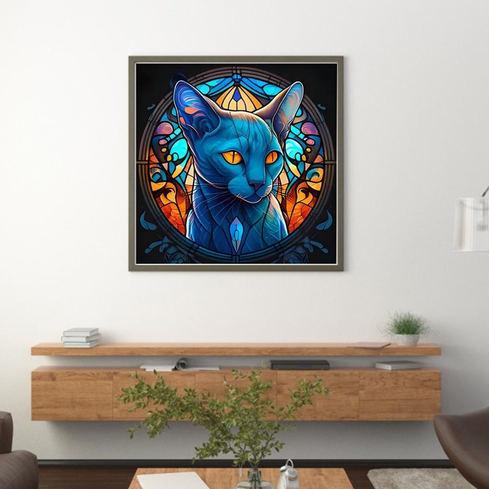 Glass Painting-Blue Cat - 11CT Stamped Cross Stitch 40*40CM