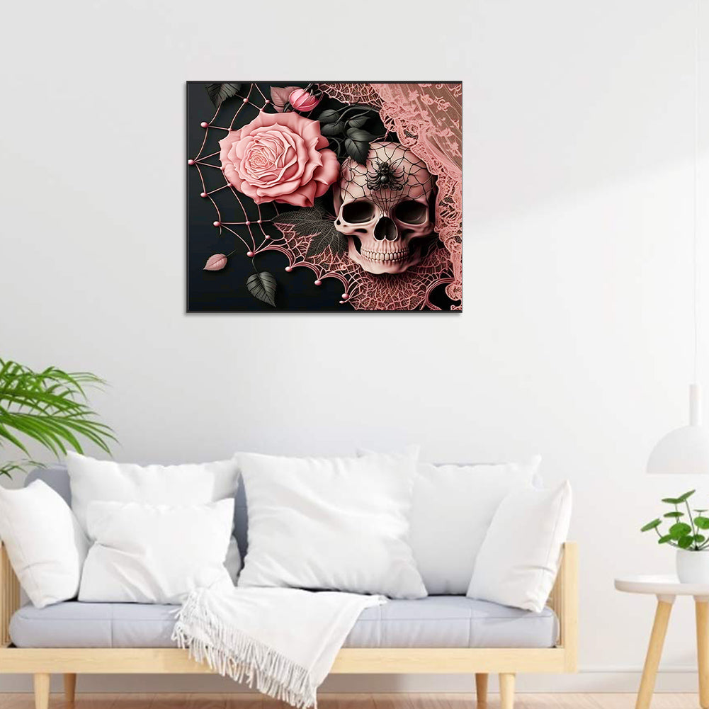 Gentleman Skull And Pink Roses - Full Round Drill Diamond Painting 50*60CM