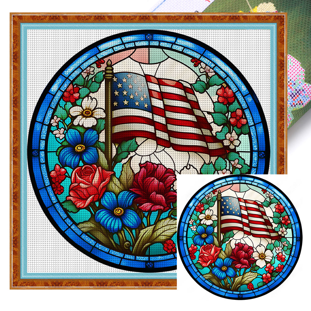 American Flag-Flowers - 11CT Stamped Cross Stitch 40*40CM