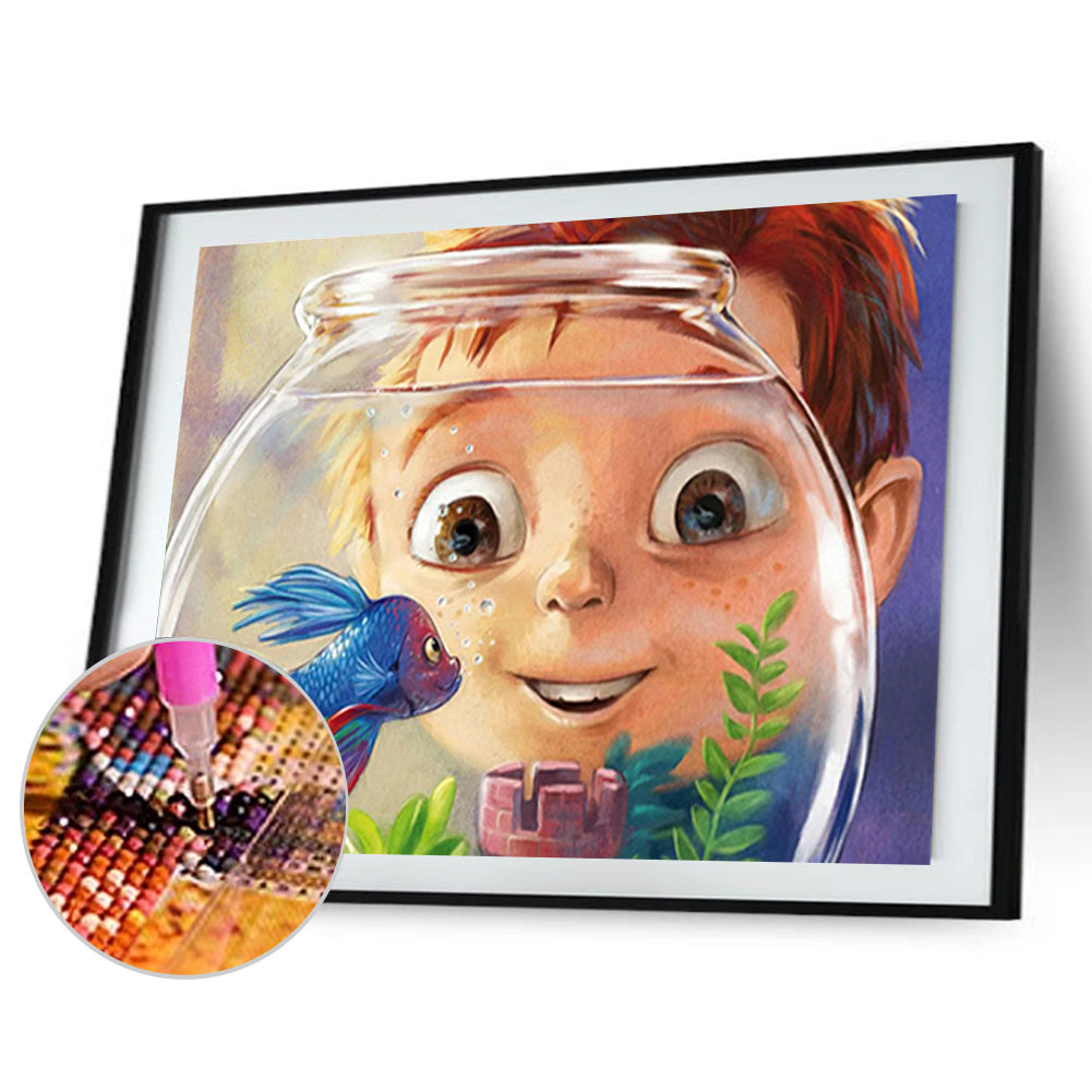 Little Boy Looking At Fish - Full Round Drill Diamond Painting 50*40CM