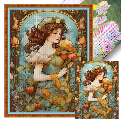 Flowers And Vintage Woman - 11CT Stamped Cross Stitch 50*65CM