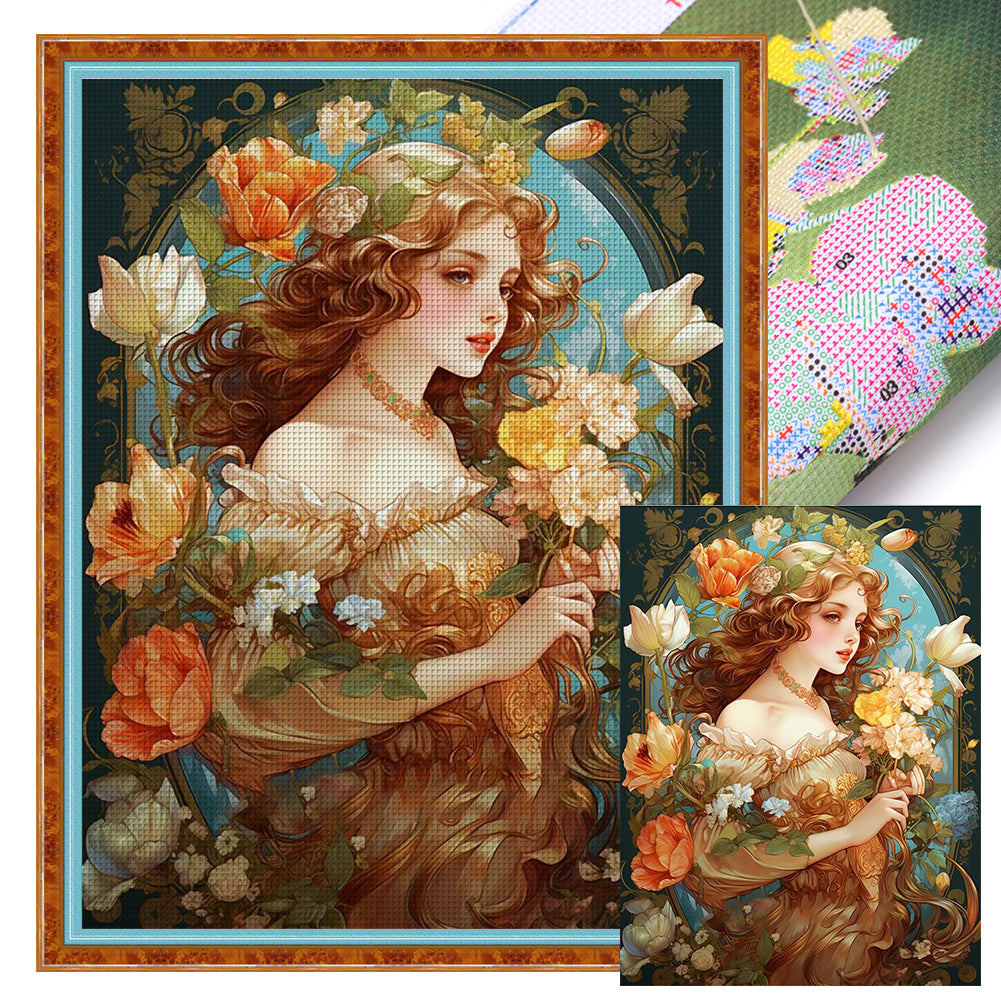 Flowers And Retro Woman - 11CT Stamped Cross Stitch 50*65CM