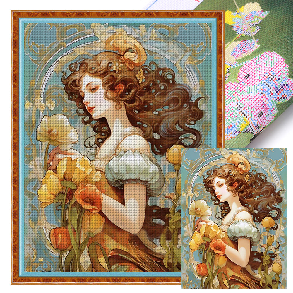 Flowers And Vintage Woman - 11CT Stamped Cross Stitch 50*65CM