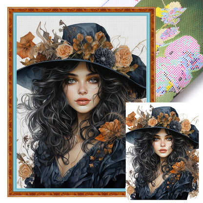 Autumn Flowers Black Hat Flower Woman - 11CT Stamped Cross Stitch 50*65CM