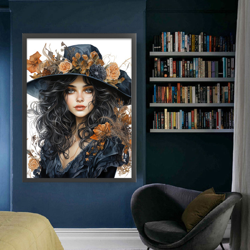 Autumn Flowers Black Hat Flower Woman - 11CT Stamped Cross Stitch 50*65CM