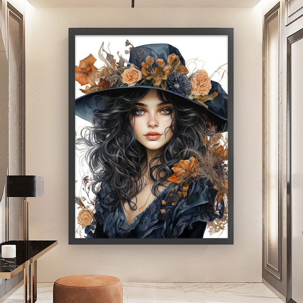 Autumn Flowers Black Hat Flower Woman - 11CT Stamped Cross Stitch 50*65CM