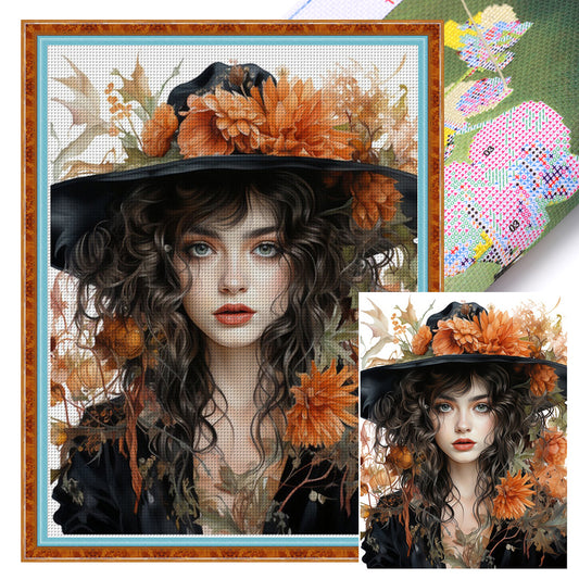 Autumn Flowers Black Hat Flower Woman - 11CT Stamped Cross Stitch 50*65CM