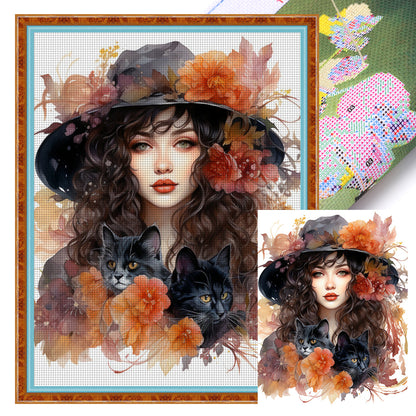 Autumn Flowers Black Hat Flower Woman - 11CT Stamped Cross Stitch 50*65CM