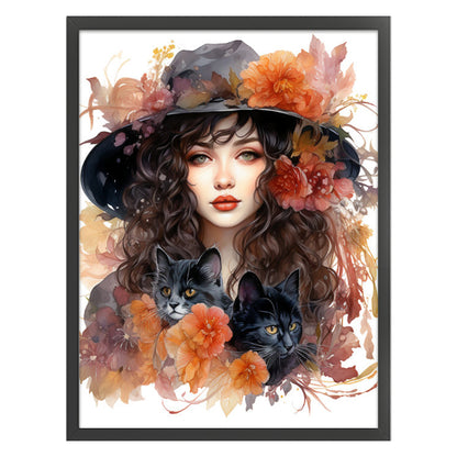 Autumn Flowers Black Hat Flower Woman - 11CT Stamped Cross Stitch 50*65CM