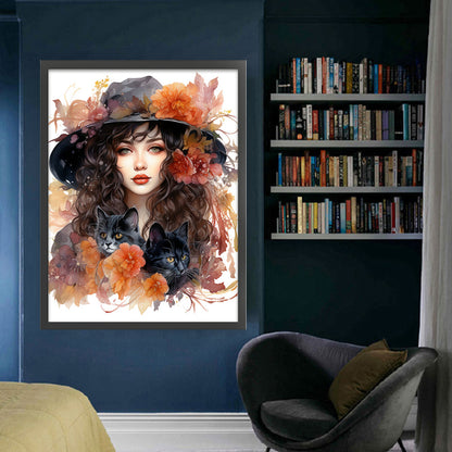 Autumn Flowers Black Hat Flower Woman - 11CT Stamped Cross Stitch 50*65CM