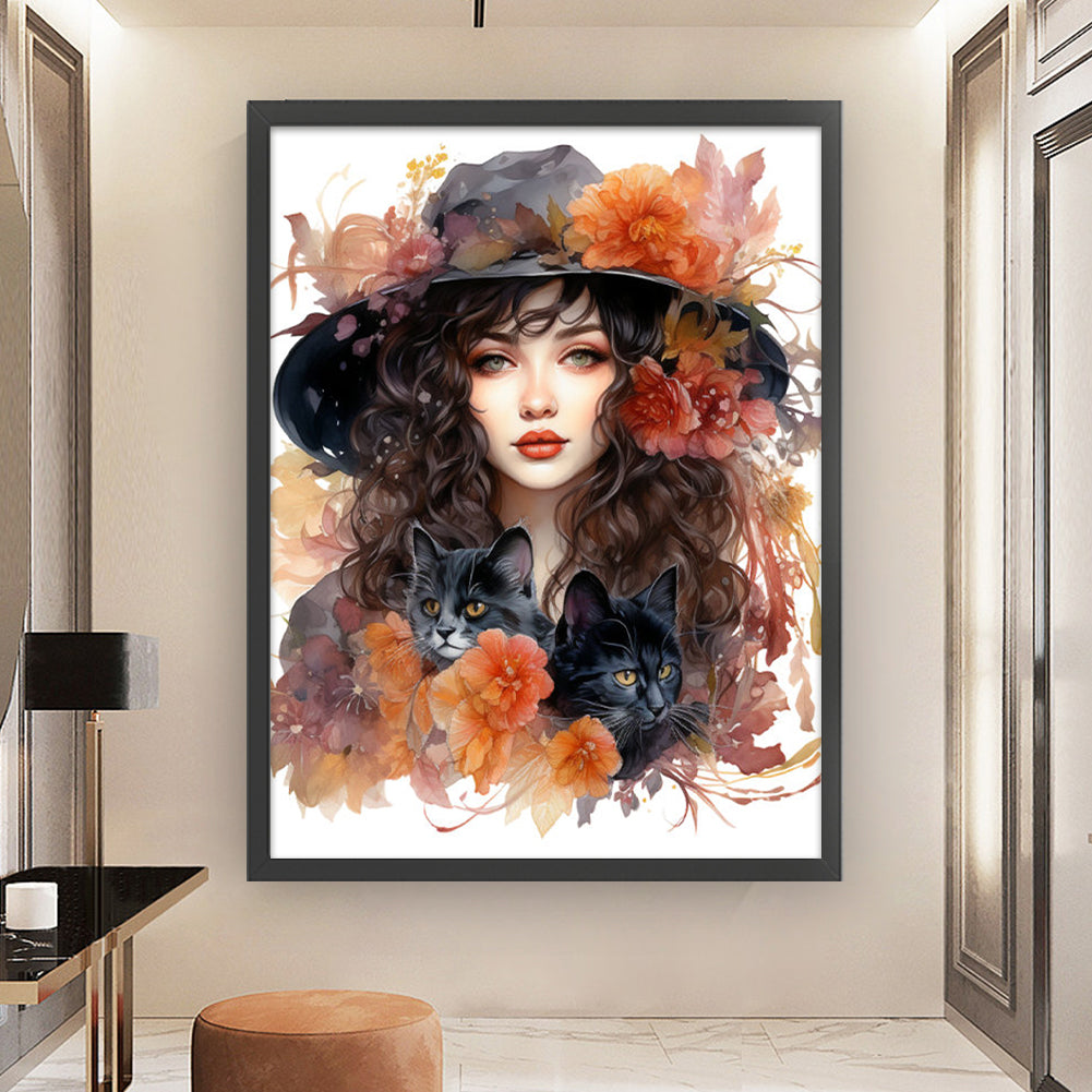 Autumn Flowers Black Hat Flower Woman - 11CT Stamped Cross Stitch 50*65CM