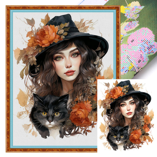 Autumn Flowers Black Hat Flower Woman - 11CT Stamped Cross Stitch 50*65CM