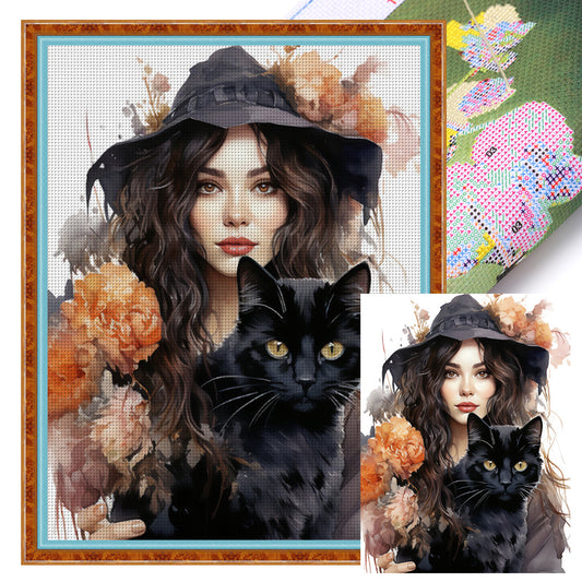 Autumn Flowers Black Hat Flower Woman - 11CT Stamped Cross Stitch 50*65CM