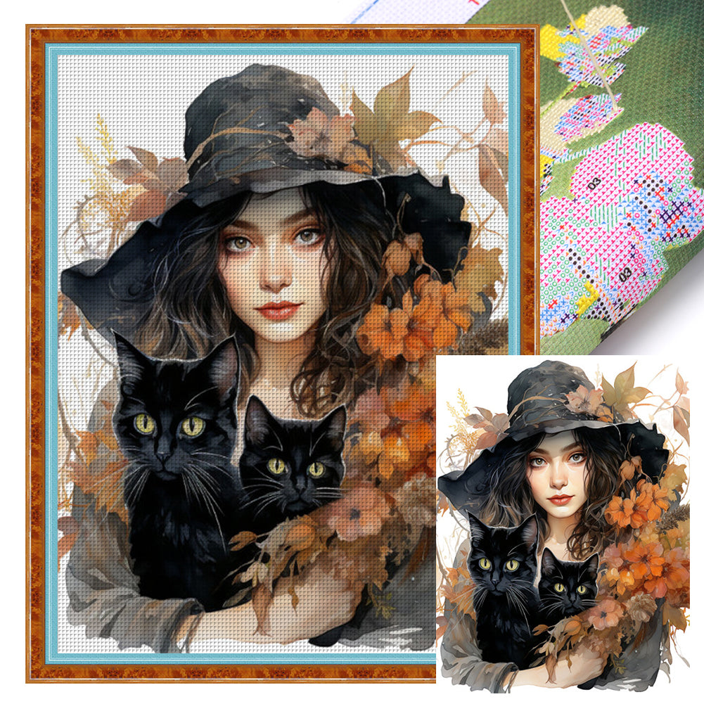 Autumn Flowers Black Hat Flower Woman - 11CT Stamped Cross Stitch 50*65CM