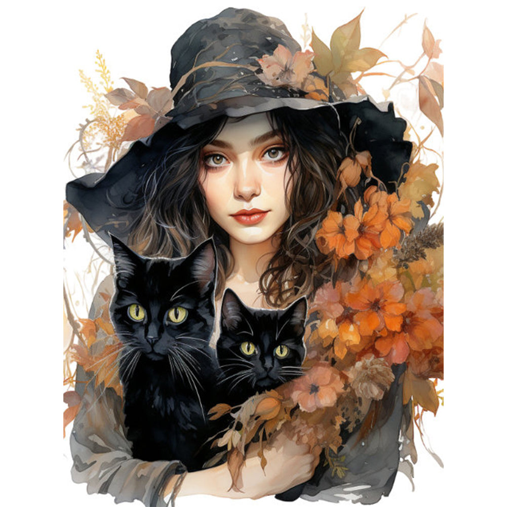 Autumn Flowers Black Hat Flower Woman - 11CT Stamped Cross Stitch 50*65CM