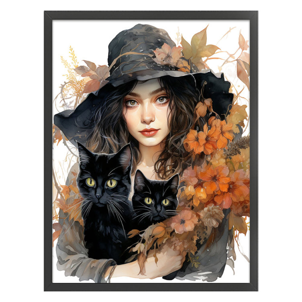 Autumn Flowers Black Hat Flower Woman - 11CT Stamped Cross Stitch 50*65CM