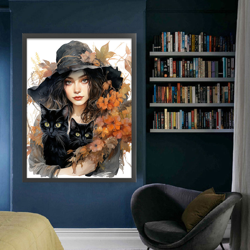 Autumn Flowers Black Hat Flower Woman - 11CT Stamped Cross Stitch 50*65CM