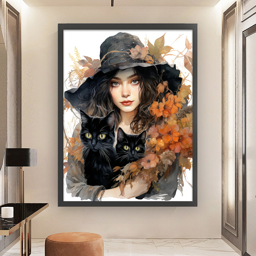 Autumn Flowers Black Hat Flower Woman - 11CT Stamped Cross Stitch 50*65CM