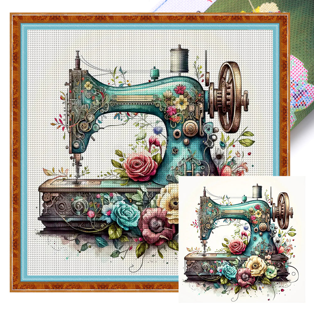 Retro Floral Sewing Machine - 14CT Stamped Cross Stitch 40*40CM