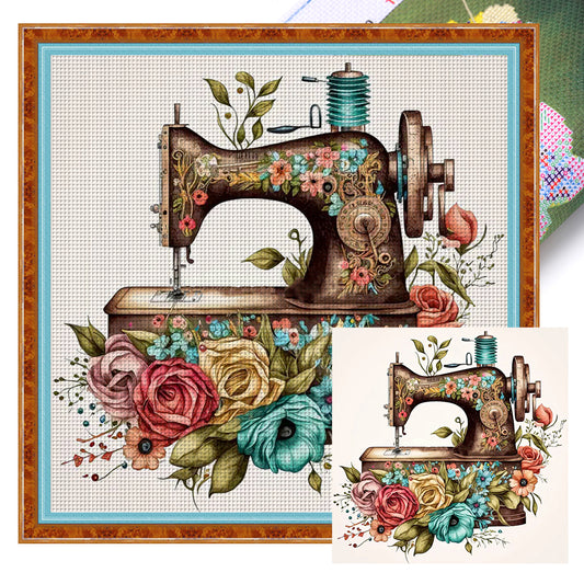 Retro Floral Sewing Machine - 14CT Stamped Cross Stitch 40*40CM