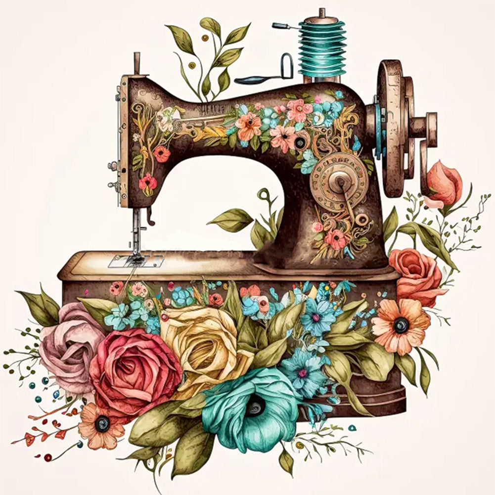 Retro Floral Sewing Machine - 14CT Stamped Cross Stitch 40*40CM