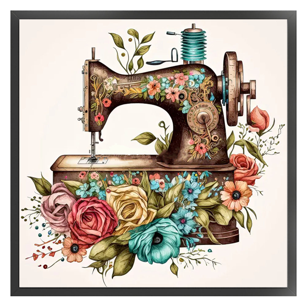 Retro Floral Sewing Machine - 14CT Stamped Cross Stitch 40*40CM