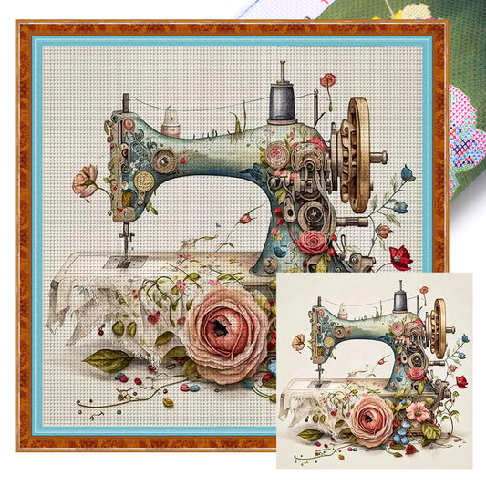 Retro Floral Sewing Machine - 14CT Stamped Cross Stitch 40*40CM