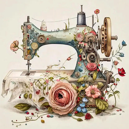 Retro Floral Sewing Machine - 14CT Stamped Cross Stitch 40*40CM