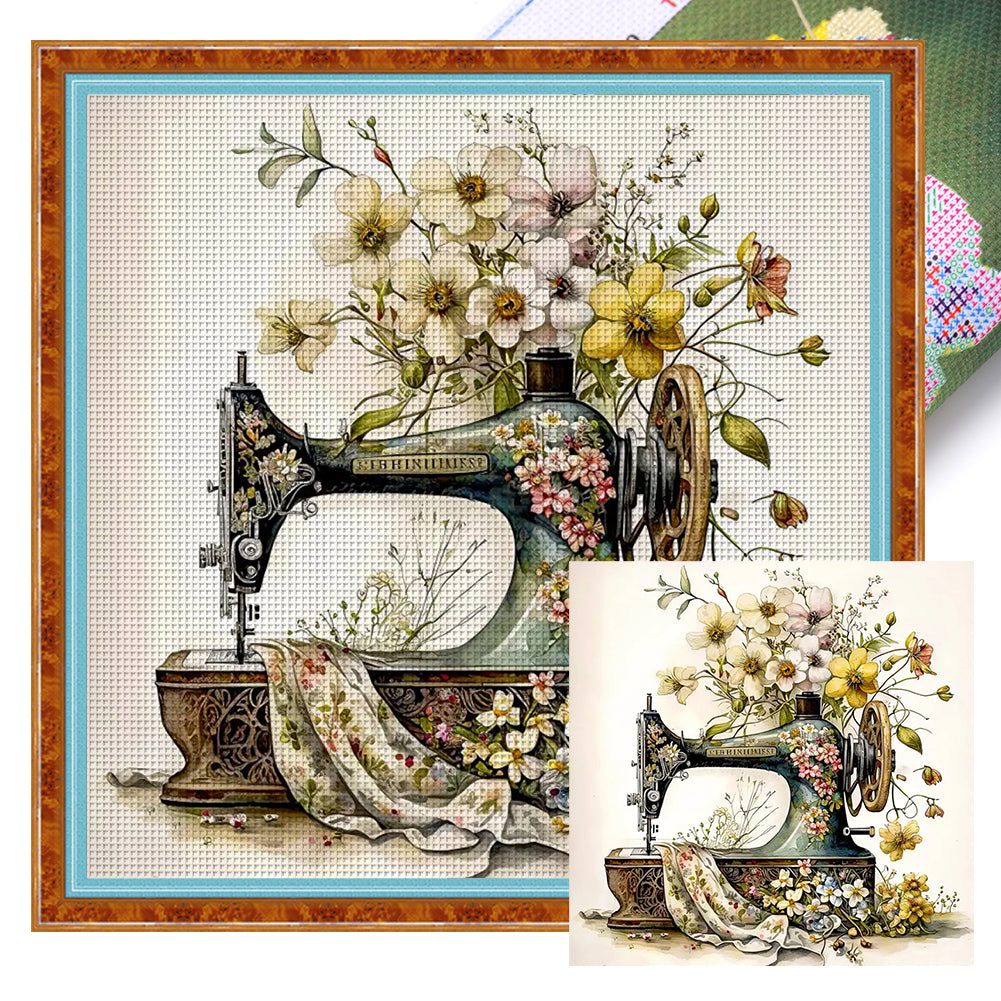 Retro Floral Sewing Machine - 14CT Stamped Cross Stitch 40*40CM