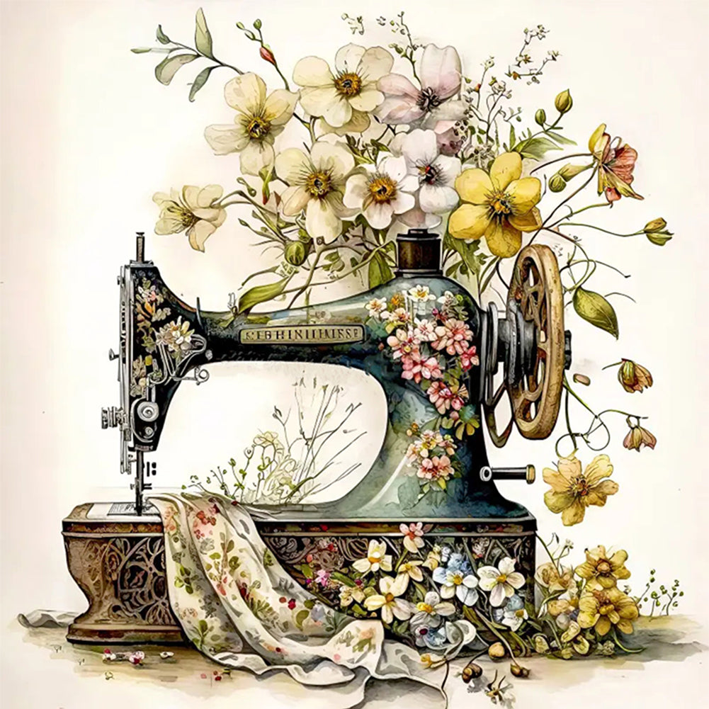 Retro Floral Sewing Machine - 14CT Stamped Cross Stitch 40*40CM