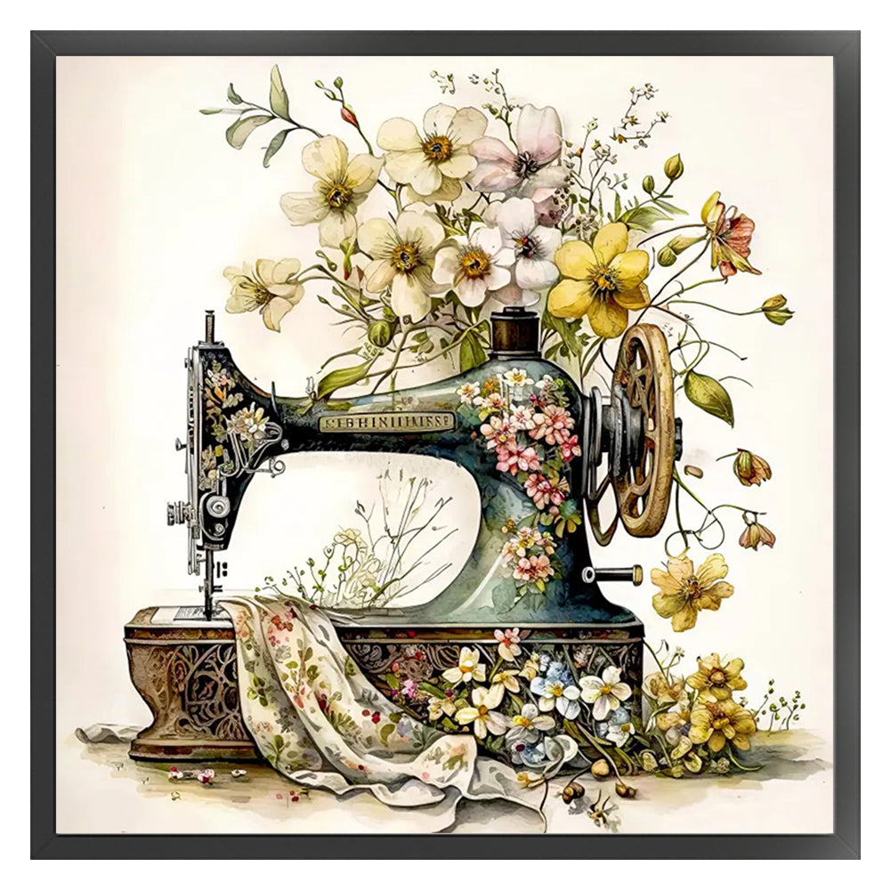 Retro Floral Sewing Machine - 14CT Stamped Cross Stitch 40*40CM