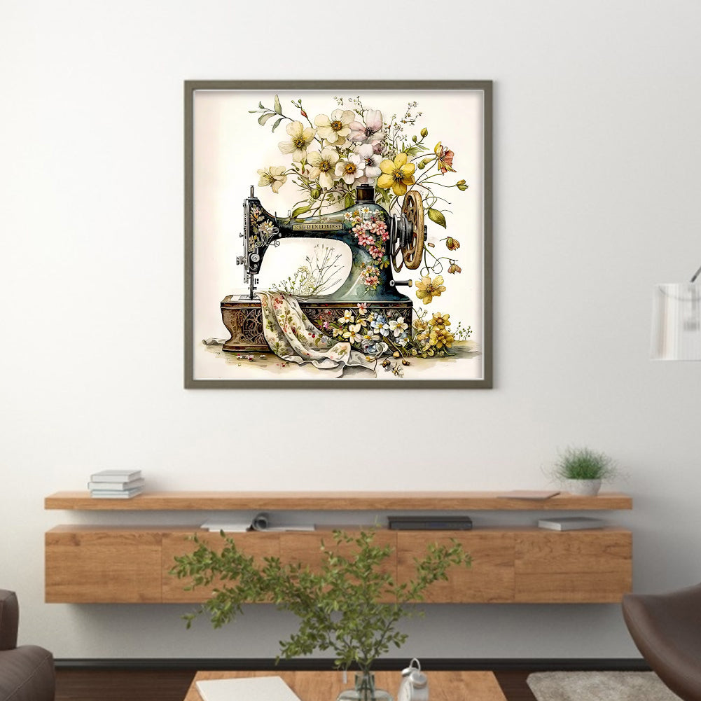 Retro Floral Sewing Machine - 14CT Stamped Cross Stitch 40*40CM