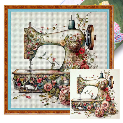 Retro Floral Sewing Machine - 14CT Stamped Cross Stitch 40*40CM