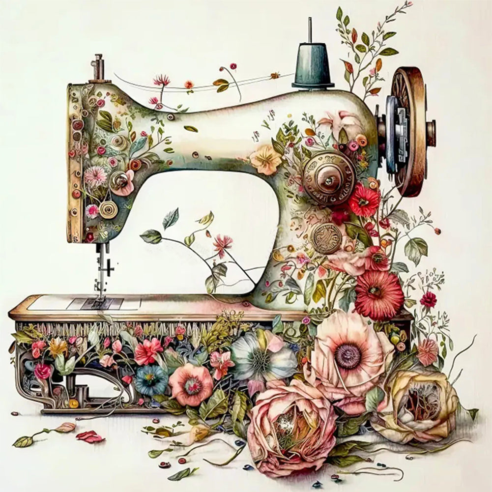 Retro Floral Sewing Machine - 14CT Stamped Cross Stitch 40*40CM