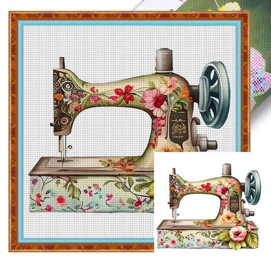 Retro Floral Sewing Machine - 14CT Stamped Cross Stitch 40*40CM