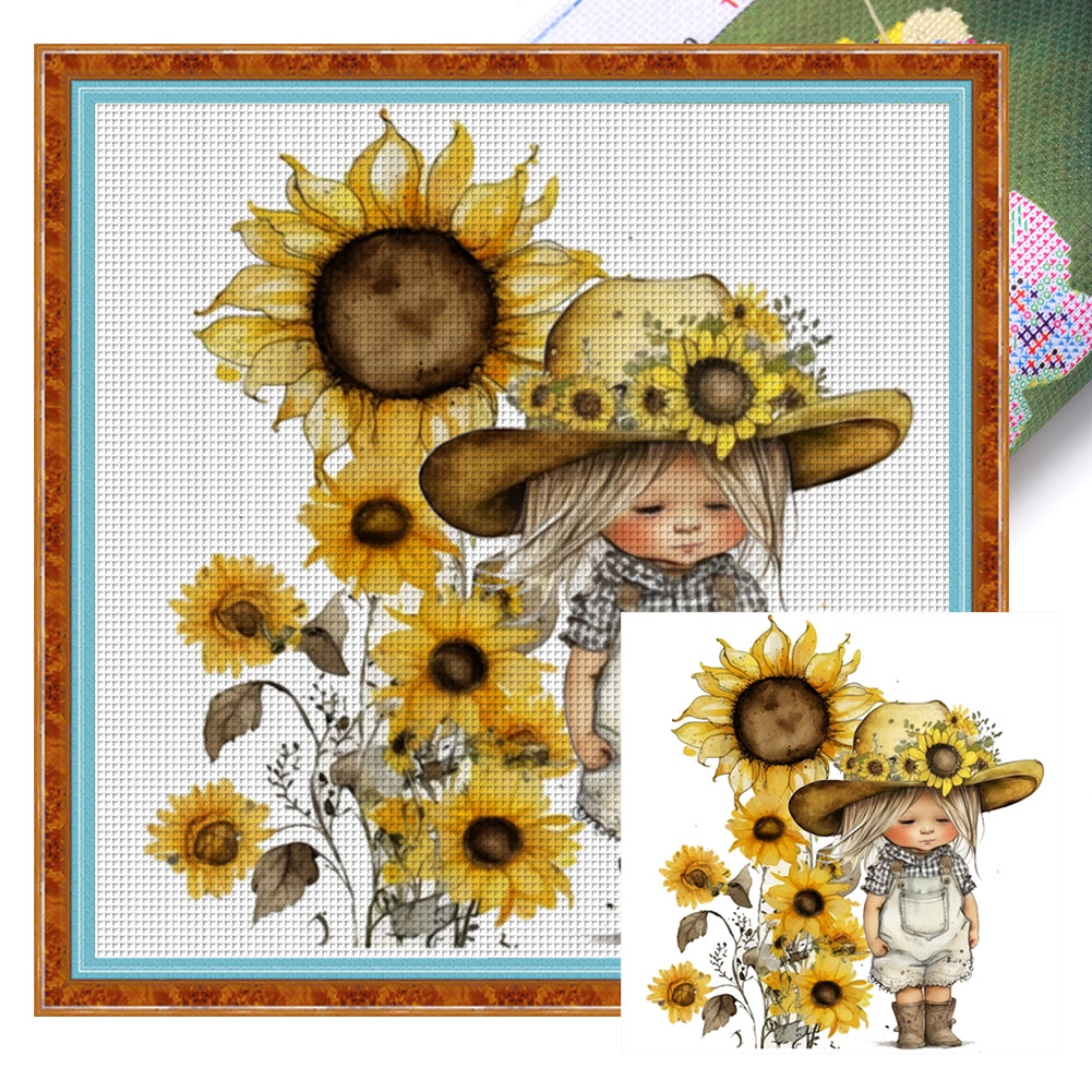 Sunflower Denim Baby - 18CT Stamped Cross Stitch 25*25CM