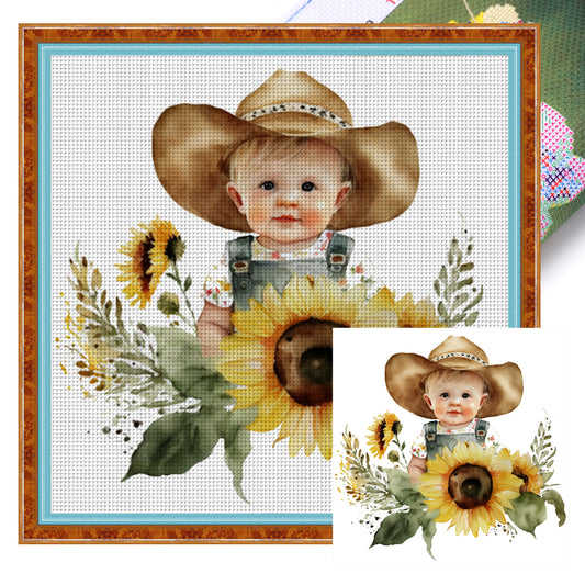 Sunflower Denim Baby - 18CT Stamped Cross Stitch 25*25CM