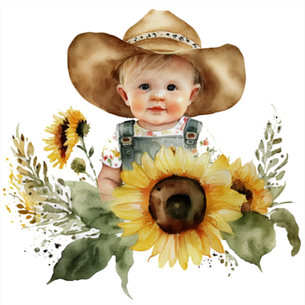 Sunflower Denim Baby - 18CT Stamped Cross Stitch 25*25CM