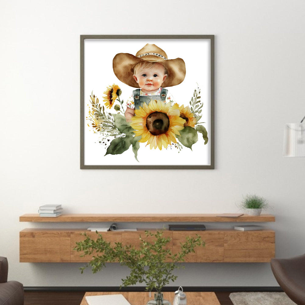 Sunflower Denim Baby - 18CT Stamped Cross Stitch 25*25CM