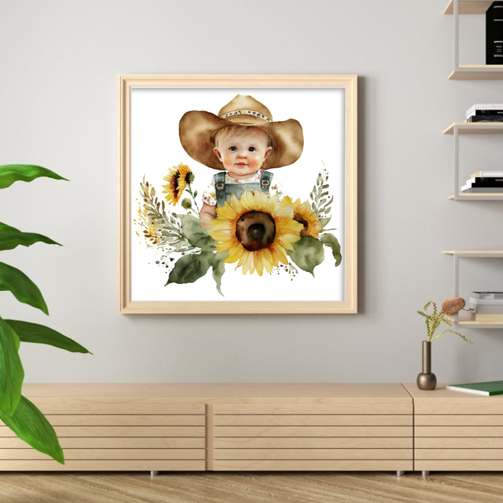 Sunflower Denim Baby - 18CT Stamped Cross Stitch 25*25CM