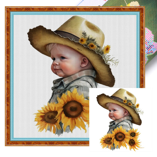 Sunflower Denim Baby - 18CT Stamped Cross Stitch 25*25CM