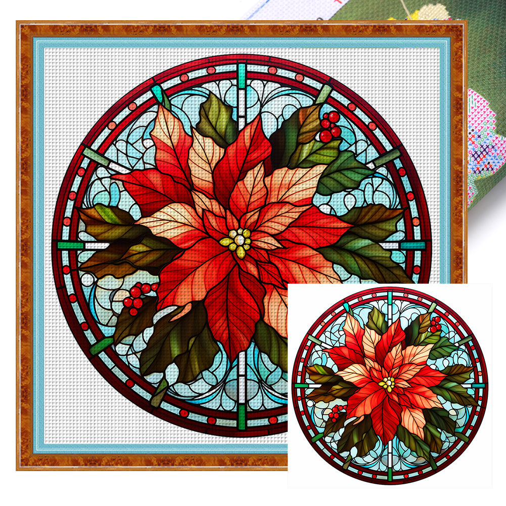 Retro Christmas - Red Flowers - 18CT Stamped Cross Stitch 25*25CM