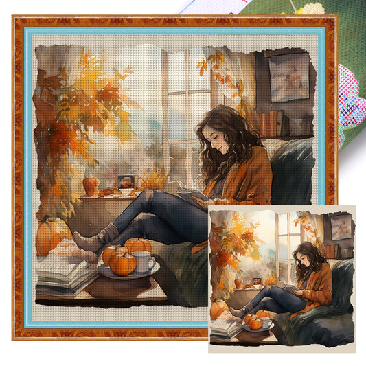 Girl Reading Book Indoors - 11CT Stamped Cross Stitch 50*50CM