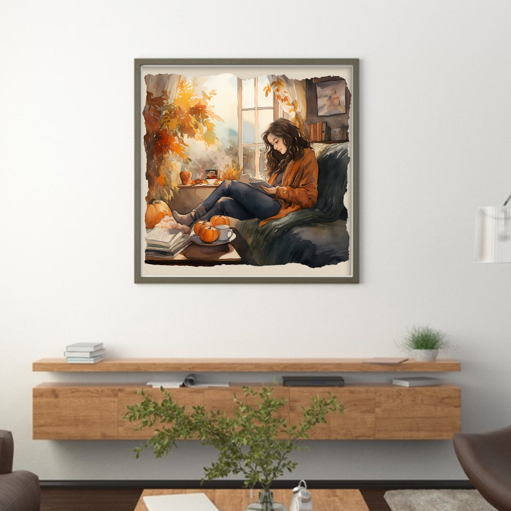 Girl Reading Book Indoors - 11CT Stamped Cross Stitch 50*50CM