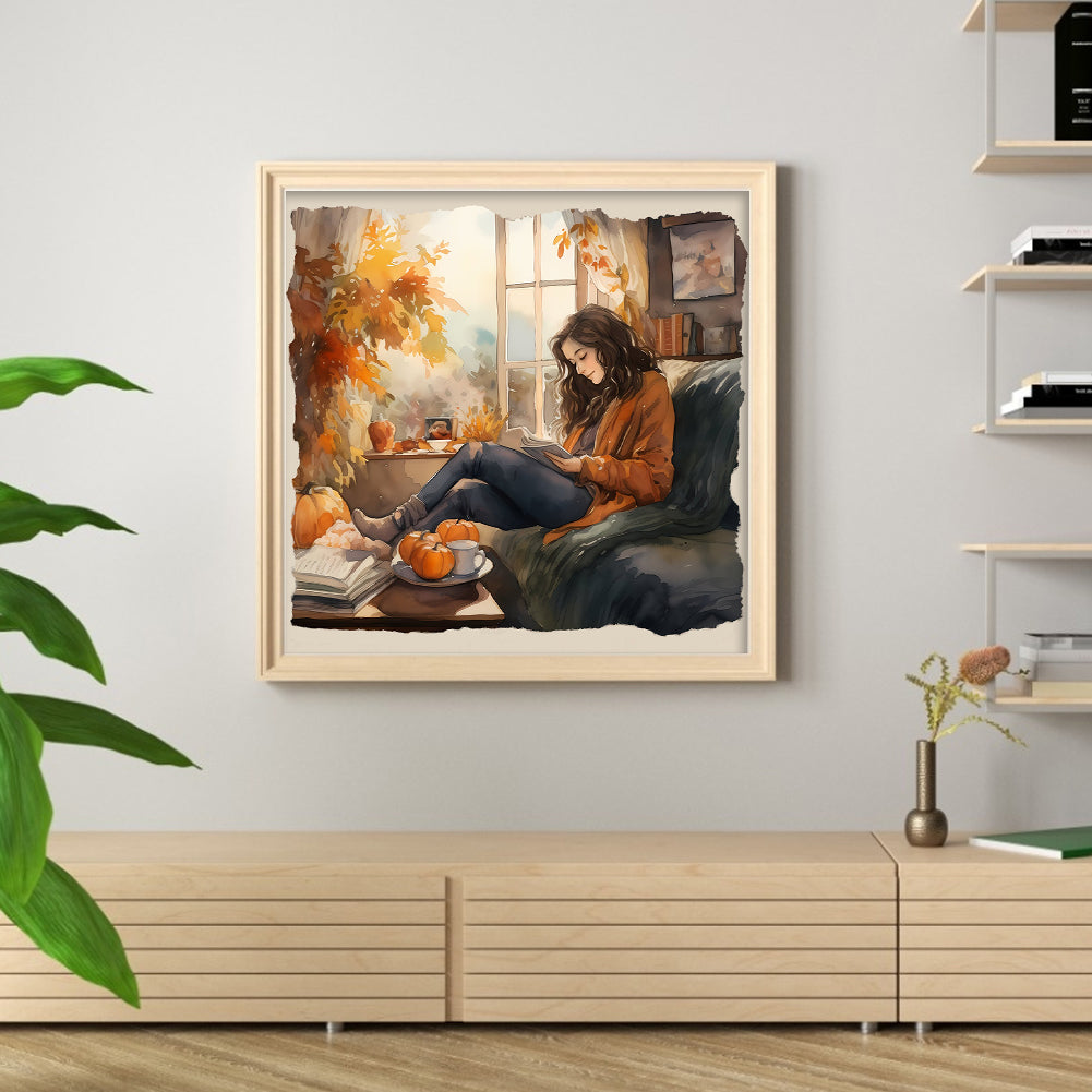 Girl Reading Book Indoors - 11CT Stamped Cross Stitch 50*50CM