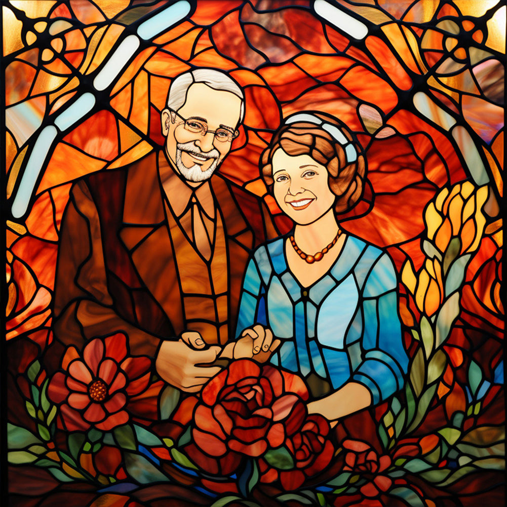 Elderly Couple Glass Painting - Full Round Drill Diamond Painting 40*40CM