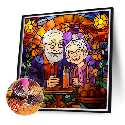 Elderly Couple Glass Painting - Full Round Drill Diamond Painting 40*40CM