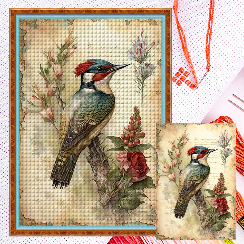 Retro Poster - Woodpecker And Flowers - 11CT Counted Cross Stitch 40*60CM