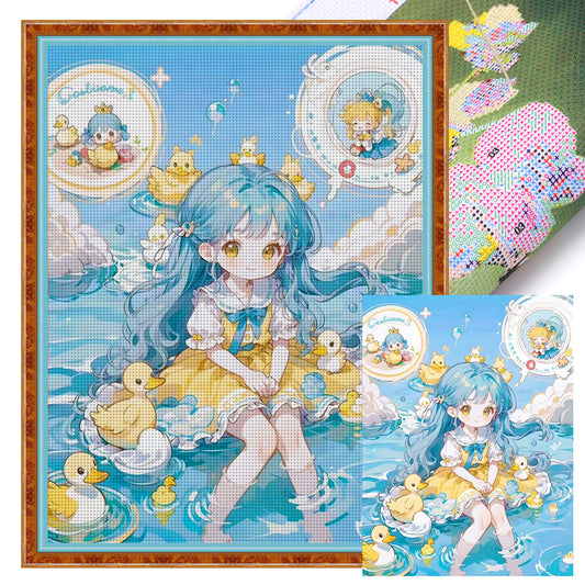 Cartoon Little Girl And Little Duck - 11CT Stamped Cross Stitch 50*65CM